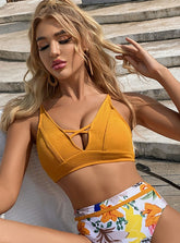High Waist Hollow Gathered Print Bikini